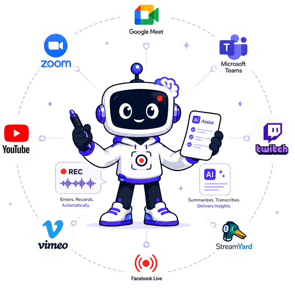 Mascote do GravaTELA conectado a Zoom, Google Meet, Microsoft Teams, YouTube, Vimeo, Twitch, Facebook Live e StreamYard
